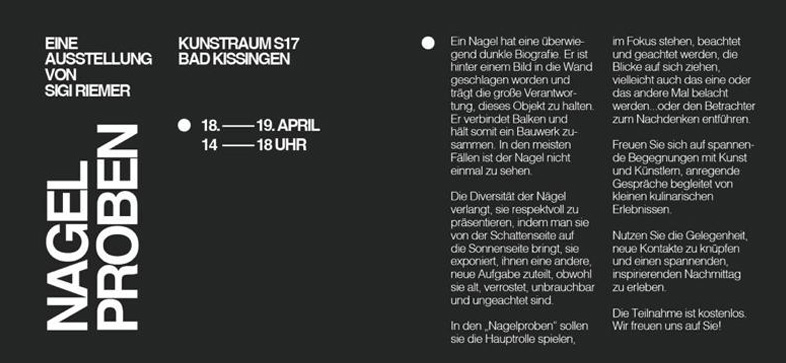 Nagelproben - Eine Ausstellung von SIGI RIEMER - Kunstraum S17 Bad Kissingen